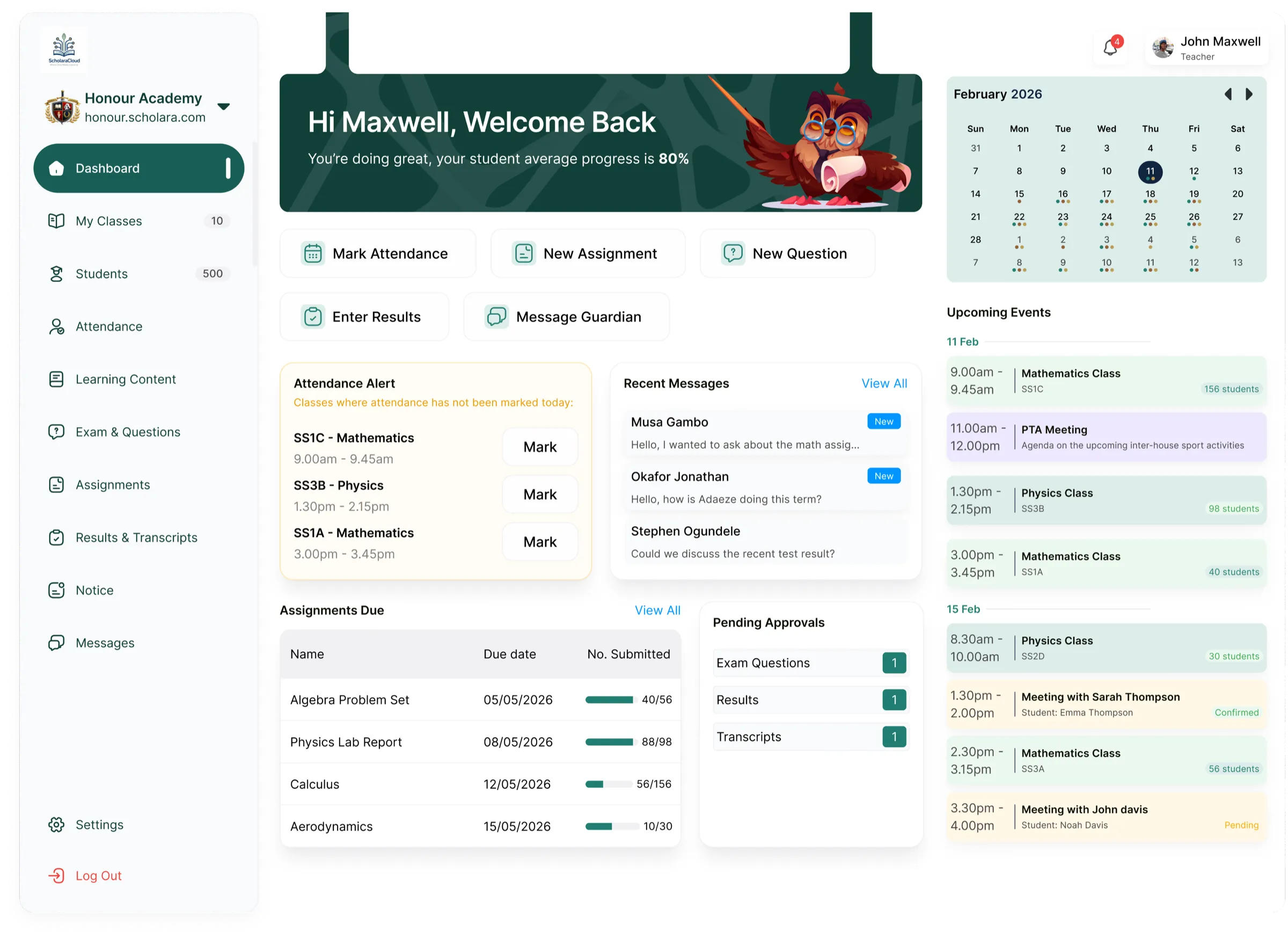ScholaraCloud admin dashboard showing attendance alerts, assignments due, upcoming events and a monthly calendar.