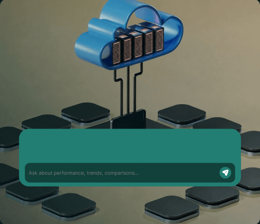 A cloud of servers connected to distributed data nodes with an AI prompt that reads: Ask about performance, trends, comparisons.