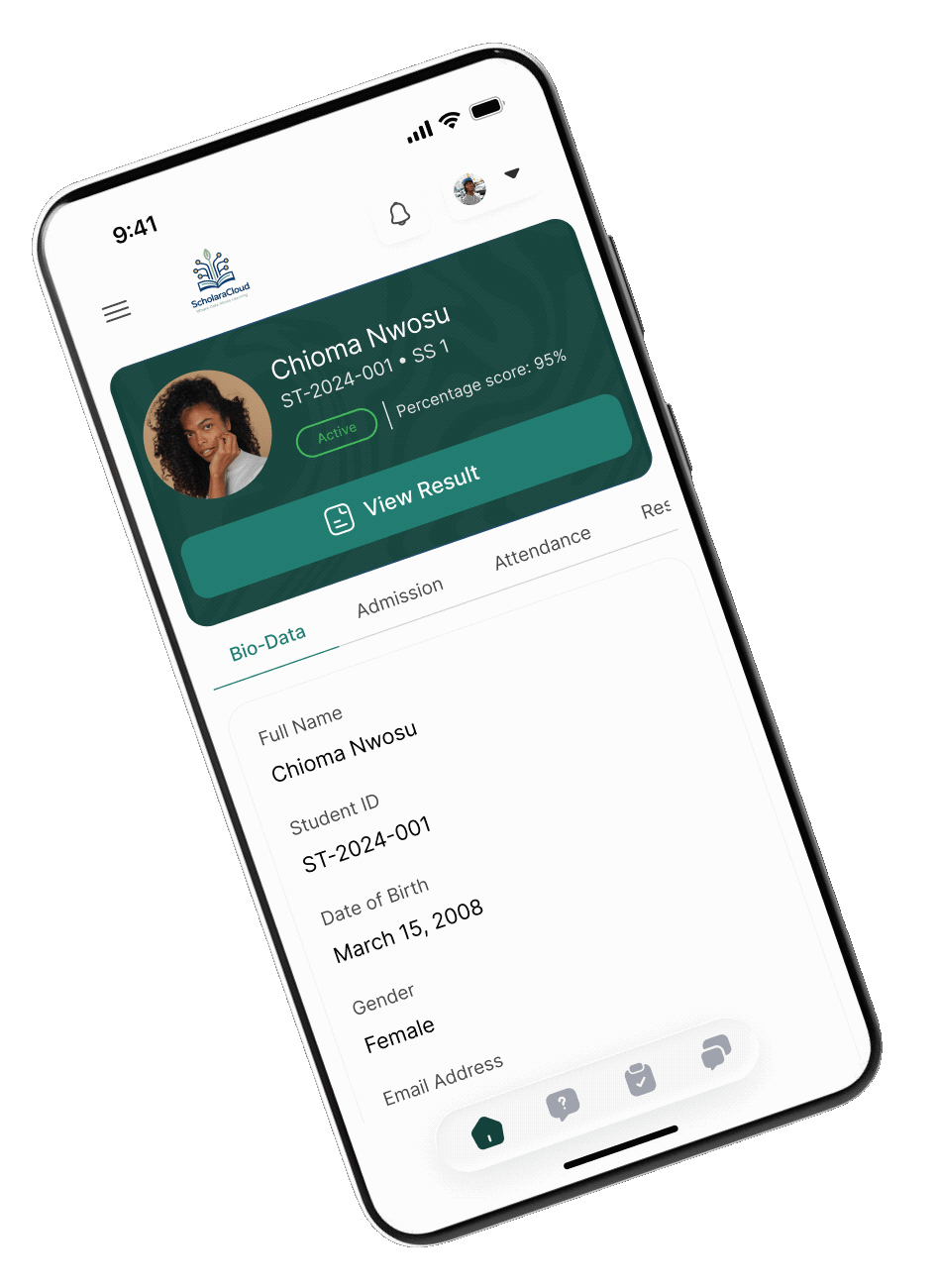 ScholaraCloud mobile app showing an animated student bio-data profile.